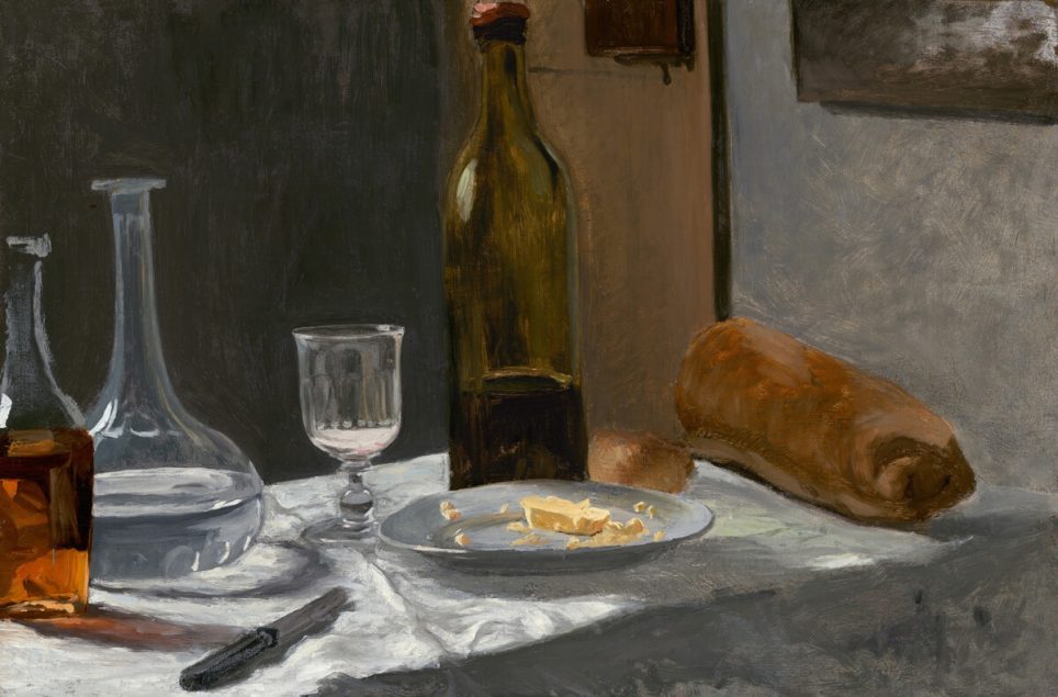 Claude Monet, Nature morte avec une bouteille, une carafe, du pain et du vin