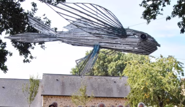 Un poisson volant géant dans les airs face au musée Jean-Chouan en Mayenne