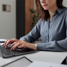 Une femme tape sur le clavier d'un ordinateur portable.