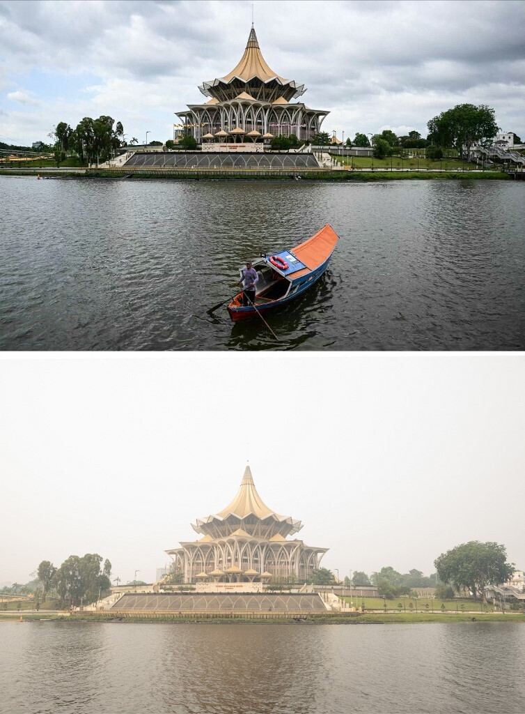 Deux photographies du bâtiment de l'Assemblée législative de Sarawak à Kuching, sur l'île de Bornéo, le 17 juin et le 5 septembre. [AFP - MOHD RASFAN]