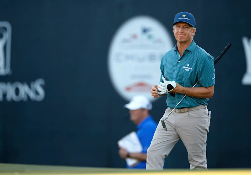 David Toms reacts to a bunker shot on the 18th hole during the final round of the Chubb Classic 2026 at Tiburon Golf Club on February 15, 2026 in Naples, Florida.