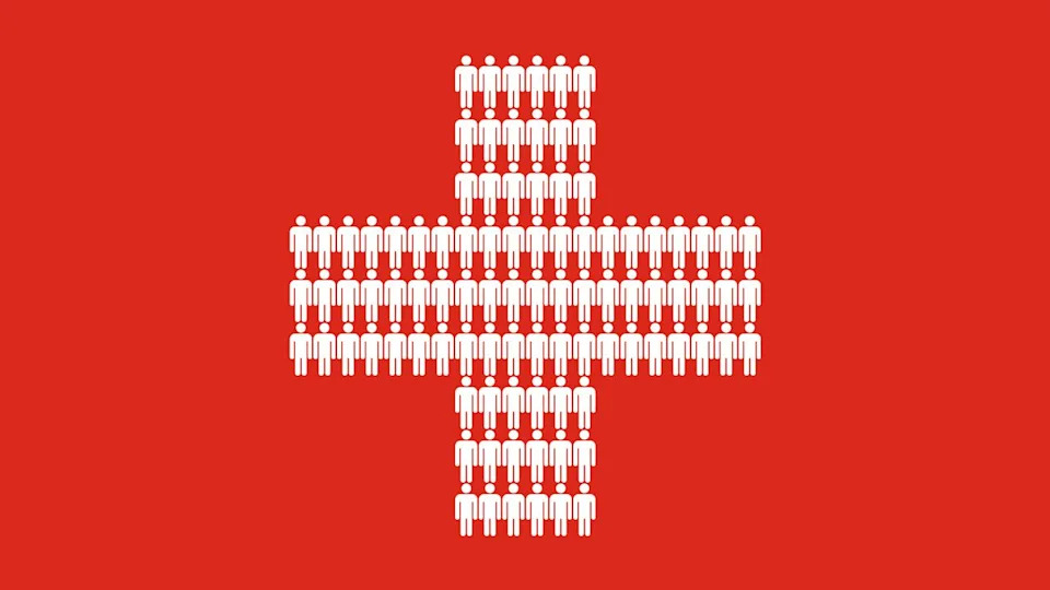  Illustration of a Swiss flag with the white central cross filled with people icons. 
