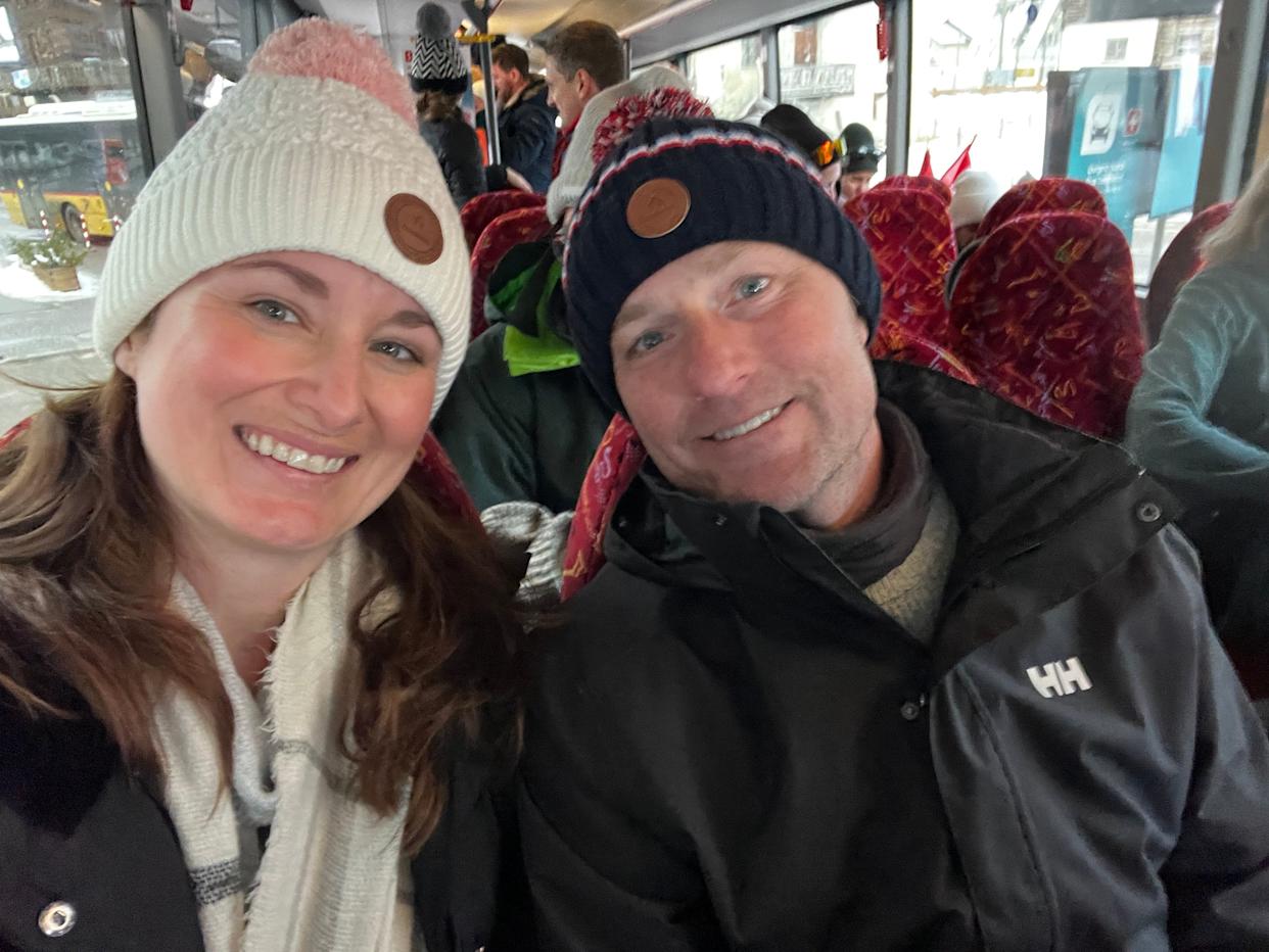 Agnes and her husband on a bus.