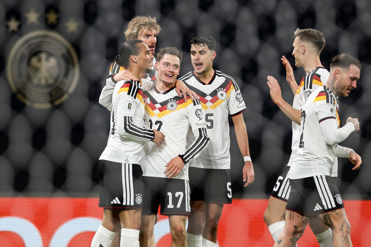 Leroy Sane of Germany celebrates scoring his team's fourth goal with team mate Aleksandar Pavlovic during the FIFA World Cup 2026 qualifier match between Germany and Slovakia at Red Bull Arena on November 17, 2025 in Leipzig, Germany. (Photo by Maja Hitij/Getty Images)Photo by Maja Hitij/Getty Images