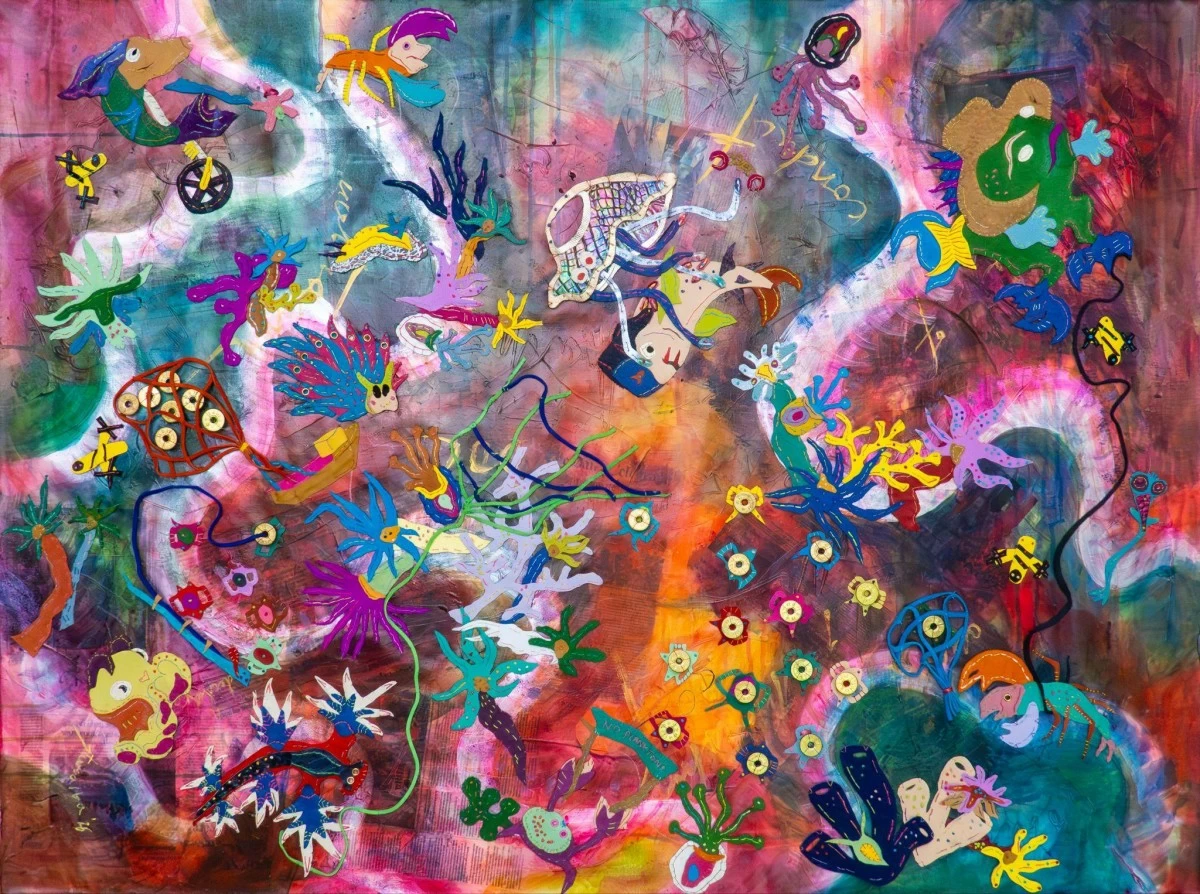 'POLYSEA' 90 x 120 cm, acrylic on canvas, leather, grommets, and 12-gauge brass bullet heads