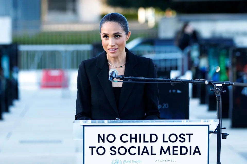 Meghan Markle speaks during the inauguration of 'The Lost Screen Memorial' exhibition on the Place des Nations in front of the European headquarters of the United Nations in Geneva, Switzerland on May 17, 2026.Credit: CYRIL ZINGARO/EPA/Shutterstock