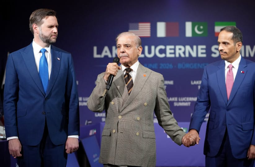 Pakistan's Prime Minister Shehbaz Sharif speaks next to U.S. Vice President JD Vance and Qatar's Prime Minister and Minister for Foreign Affairs Sheikh Mohammed bin Abdulrahman bin Jassim Al-Thani during a quadrilateral meeting between the U.S., Iran, Pakistan, and Qatar, June 21, 2026.