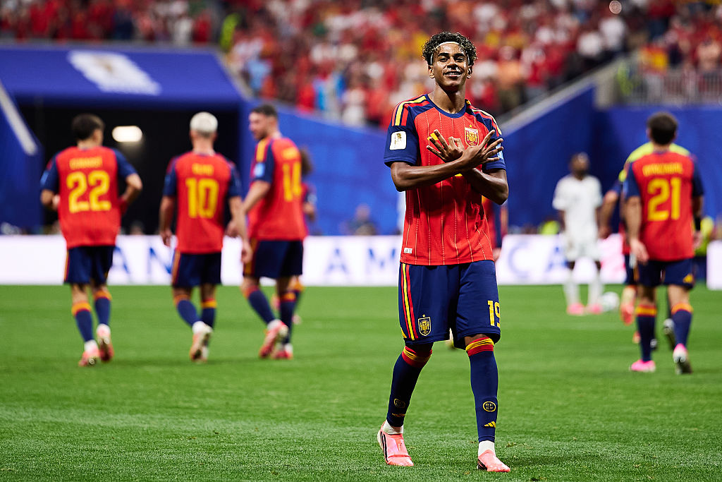 Spain forward Lamine Yamal celebrates during a FIFA World Cup match.
