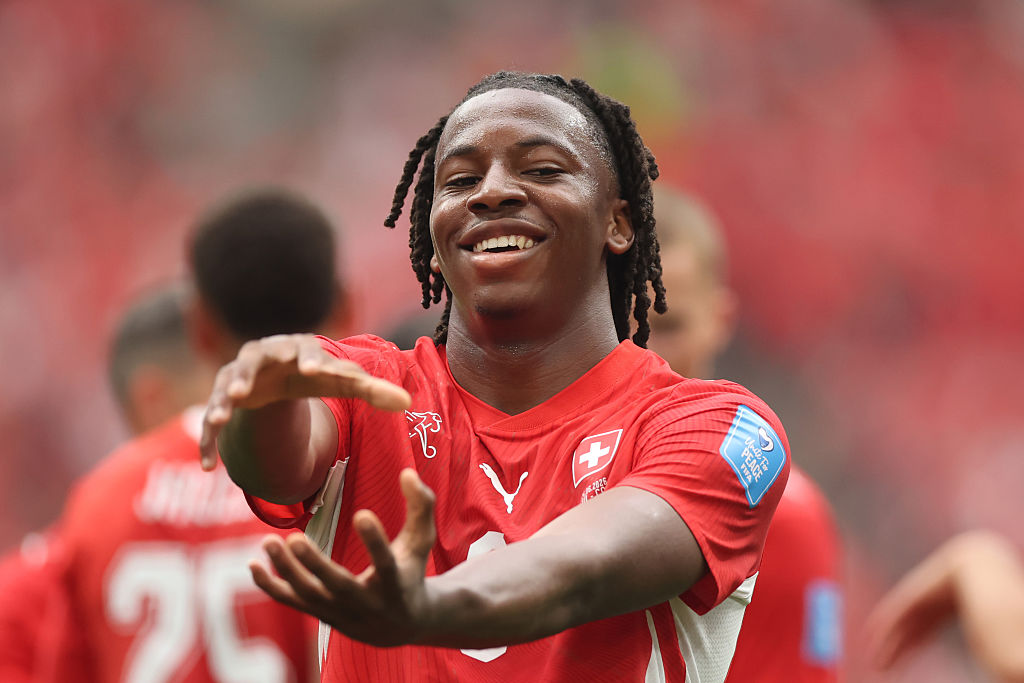 VANCOUVER, BRITISH COLUMBIA - JUNE 24: Johan Manzambi #9 of Switzerland celebrates scoring his team's second goal during the FIFA World Cup 2026 Group B match between Switzerland and Canada at BC Place Vancouver on June 24, 2026 in Vancouver, British Columbia. (Photo by Alex Grimm/Getty Images)