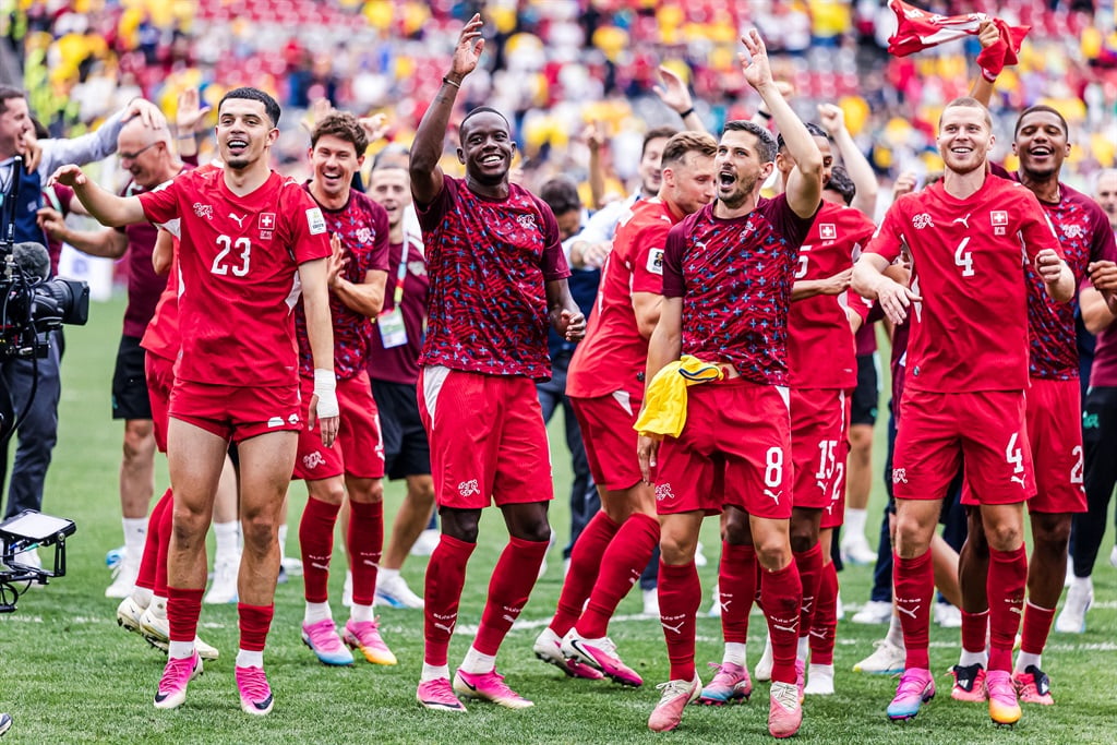 Switzerland players celebrate after winning the penalty shootout during the Fifa World Cup 2026 Round of 16 match against Colombia. Photo by Getty Images