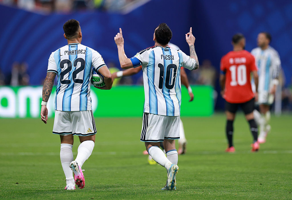 ATLANTA, GEORGIA - JULY 07: Lionel Messi #10 of Argentina celebrates with Lautaro Martinez #22 after scoring the team's second goal during the FIFA World Cup 2026 Round of 16 match between Argentina and Egypt at Atlanta Stadium on July 07, 2026 in Atlanta, Georgia. (Photo by Elsa/Getty Images)