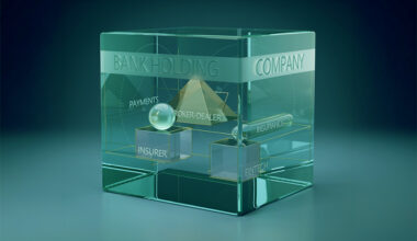 AI generated image of a glass square vessel with glass squares and pyramid inside with the words Bank Holding Company on the large vessel and insurer, fintech and broker-dealer on the small glass items inside it.AI generated image of a glass square vessel with glass squares and pyramid inside with the words Bank Holding Company on the large vessel and insurer, fintech and broker-dealer on the small glass items inside it.