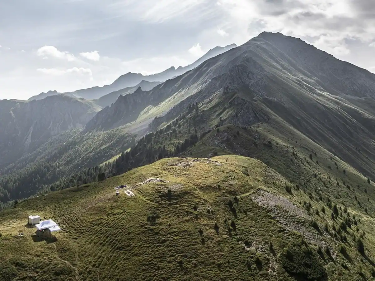 Image of green mountainside up in the swiss Alps dotted with trees.