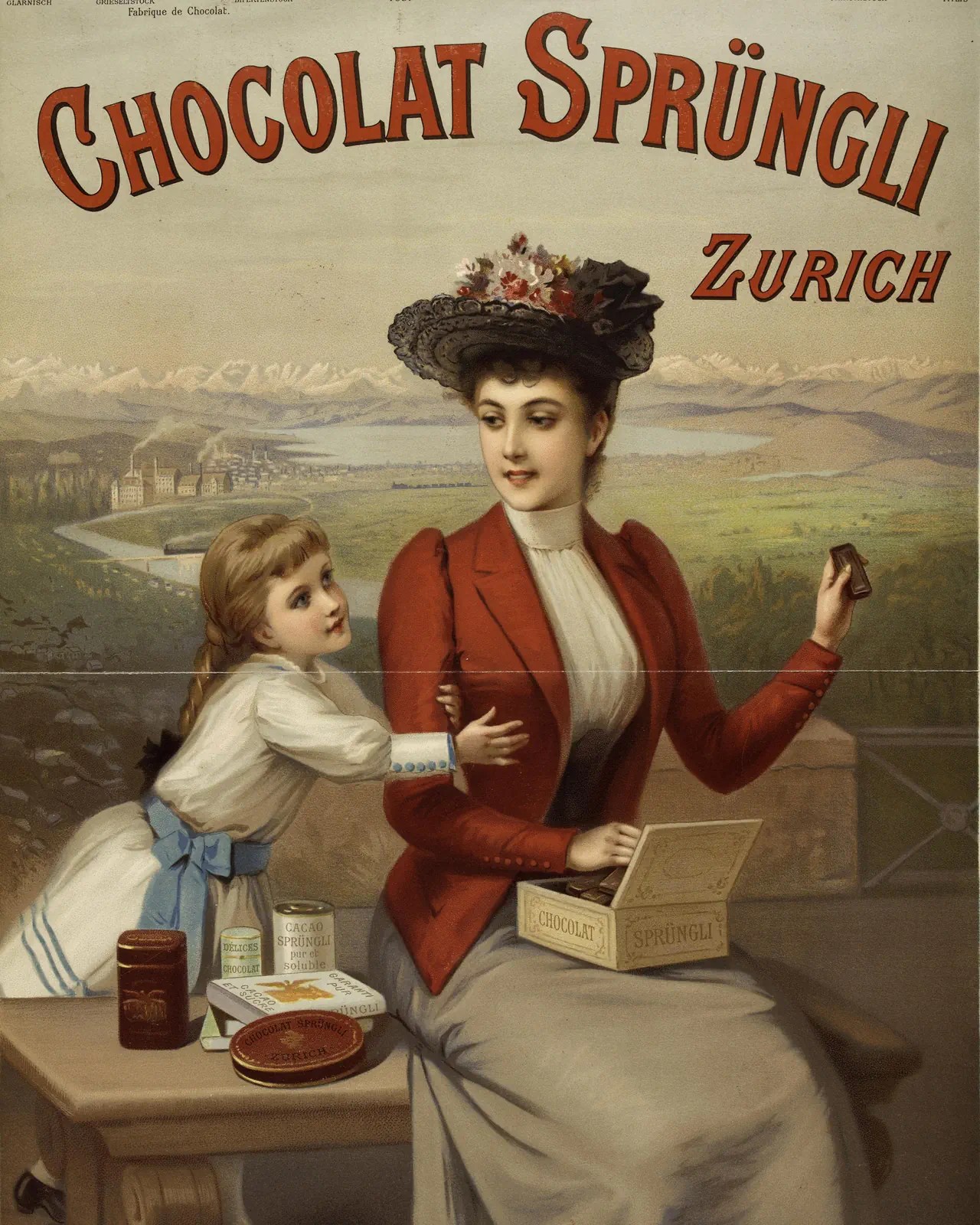 A Sprüngli advertising poster from around 1890 - staged to suit the target group.