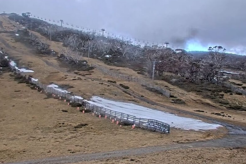 An alpine slope with little snow covering it at Perisher.