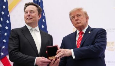 President Donald Trump, right, presents the National Medal of Science to Elon Musk during an event at the U.S. Institute of Peace, Thursday, Oct. 8, 2026, in Washington. (AP Photo/Julia Demaree Nikhinson, File)