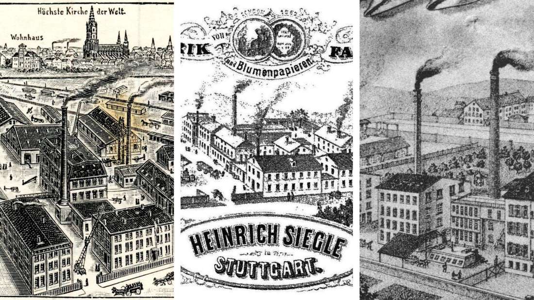 Die Geräte- und Nutzfahrzeugfabrik Magirus in Ulm (links). Die bedeutende Farbenfabrik Siegle in Stuttgart (Mitte). Die Schokoladenfabrik Roth in Stuttgart (rechts). 
