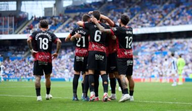 Die Spieler von Real Mallorca feiern das Tor von Cyle Larin zum 0:1 gegen Real Sociedad.