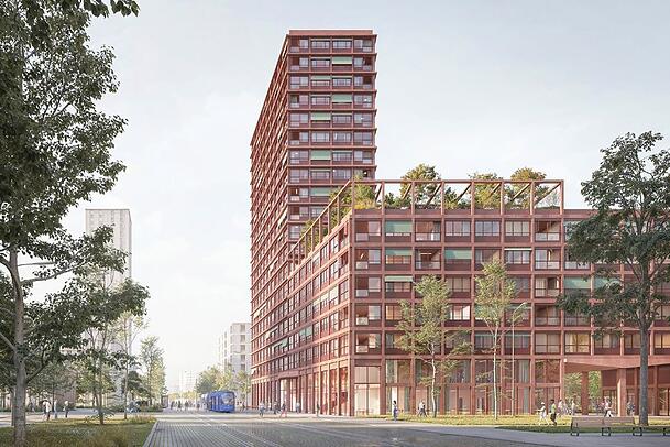 So soll das große Wohnhaus am neuen Quartiersplatz einmal aussehen. Die  städtische Wohnungsbaugesellschaft errichtet es. Auch eine Bibliothek und die Volkshochschule werden einziehen.