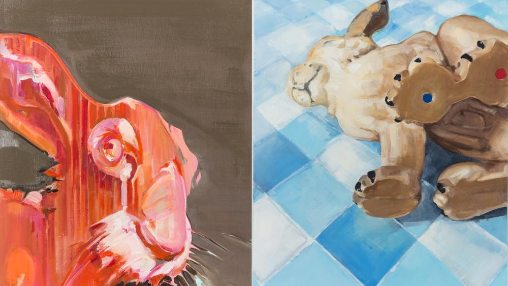 Tina Oelker: Zwei der tausend Hasen, die Tina Oelker im Rahmen ihres Projekts "1000 Hasen" gemalt hat: "Tageshase" Nr. 315 und Nr. 392, jeweils Öl auf Leinwand in den Maßen 60 mal 40 Zentimeter