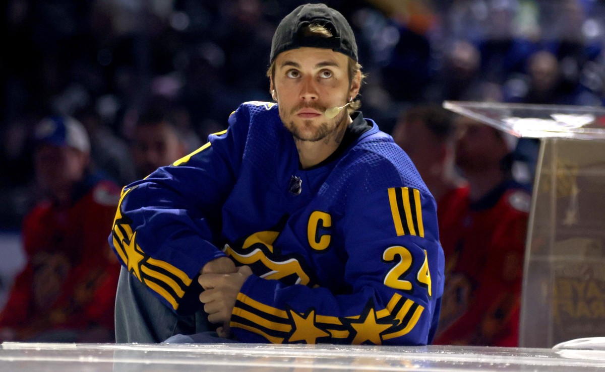 TORONTO, ONTARIO - FEBRUARY 01: Justin Bieber participates in the Tim Horton's NHL All-Star Player Draft at Scotiabank Arena on February 01, 2024 in Toronto, Ontario. (Photo by Dave Sandford/NHLI ...