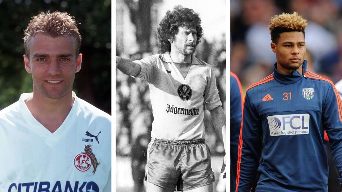 In ungewohntem Dress: Ja, Hansi Flick (l.) hat wirklich einmal beim 1. FC Köln gespielt, genauso wie Paul Breitner (M.) bei Eintracht Braunschweig und Serge Gnabry bei West Bromwich Albion