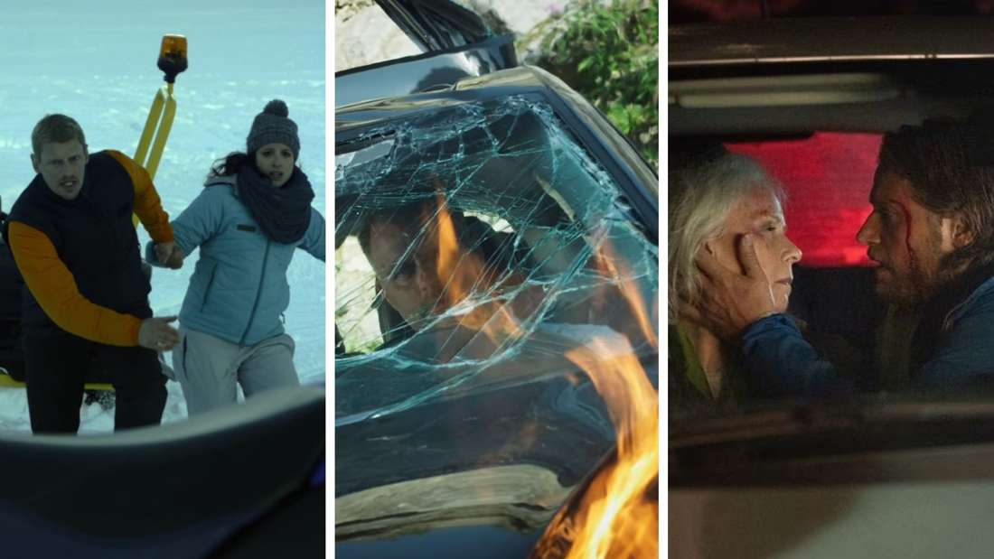 „Die Bergretter“ – Staffel 3, Folge 4 „Die Hoffnung stirbt zuletzt“: Andreas Marthaler (Martin Gruber) und Sarah Kraus (Stephanie Stumph) versuchen einer Lawine zu entkommen. „Die Bergretter“ – Staffel 10, Folge 4 „Abschied für immer“: Thomas Huber (André Röhner) sitzt nach dem Unfall in dem brennenden Auto. Die Bergretter“: Johanna (Michaela Rosen) überlebt den Autounfall an der Seite ihres Sohnes Markus (Sebastian Ströbel) nicht (Fotomontage)