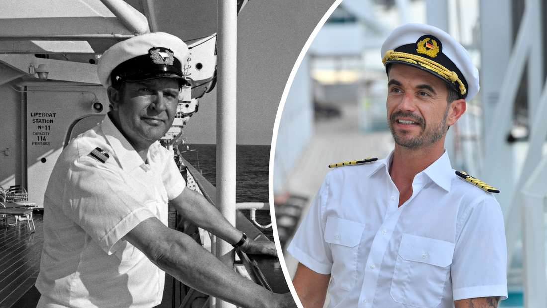Schwarz-Weiß-Foto von Günter König als Traumschiff-Kapitän 1981. „Das Traumschiff“: Kapitän Max Parger (Florian Silbereisen) (Fotomontage)