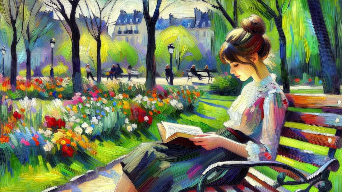 Eine junge Frau liest ein Buch auf einer Parkbank im Frühling (Montage)