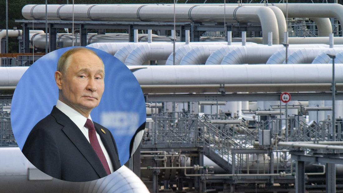 Der russische Präsident Wladimir Putin  Rohrsysteme und Absperrvorrichtungen in der Gasempfangsstation der Ostseepipeline Nord Stream 2 