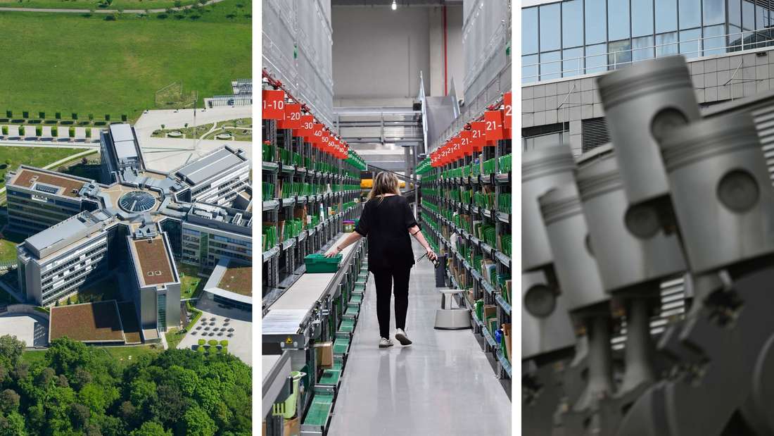 Der SAP-Konzernsitz in Walldorf aus der Luft fotografiert (links). Eine Mitarbeiterin von Phoenix Pharma geht durch eine Lagerhalle in Gotha, Thüringen (Mitte), eine Skulptur, die eine Kurbelwelle und Kolben eines Motors darstellt, steht vor der Mahle-Konzernzentrale in Stuttgart (rechts). 