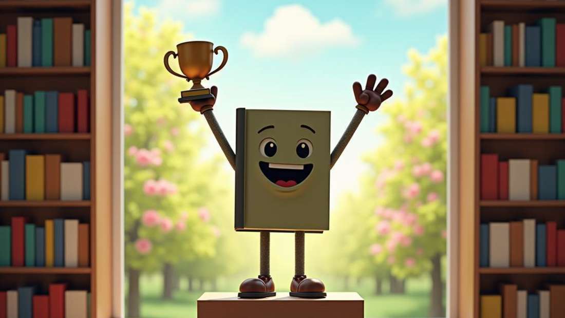 Neue Bestseller: Ein Buch hält einen Pokal in die Höhe (Montage)