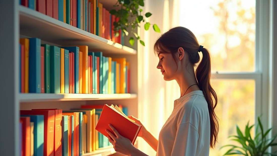 Eine junge Frau sortiert ihre Bücher (Montage)