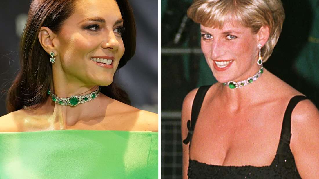 Prinzessin Kate (link) und Lady Diana (rechts) tragen dieselbe Halskette. (Archiv)