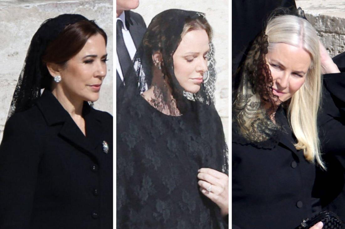 Königin Mary von Dänemark (li.) trug ihren Schleier nur am Hinterkopf befestigt, Charlène von Monaco (Mi.) und Kronprinzessin Mette-Marit von Norwegen trugen die traditionelle Mantilla.
