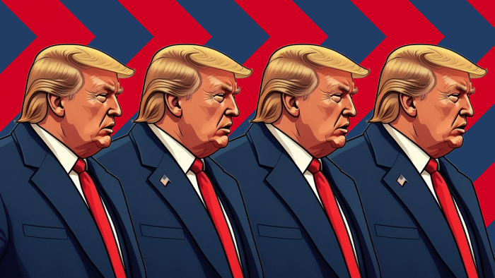 Vier mal Donald Trump vor Pfeile-Hintergrund