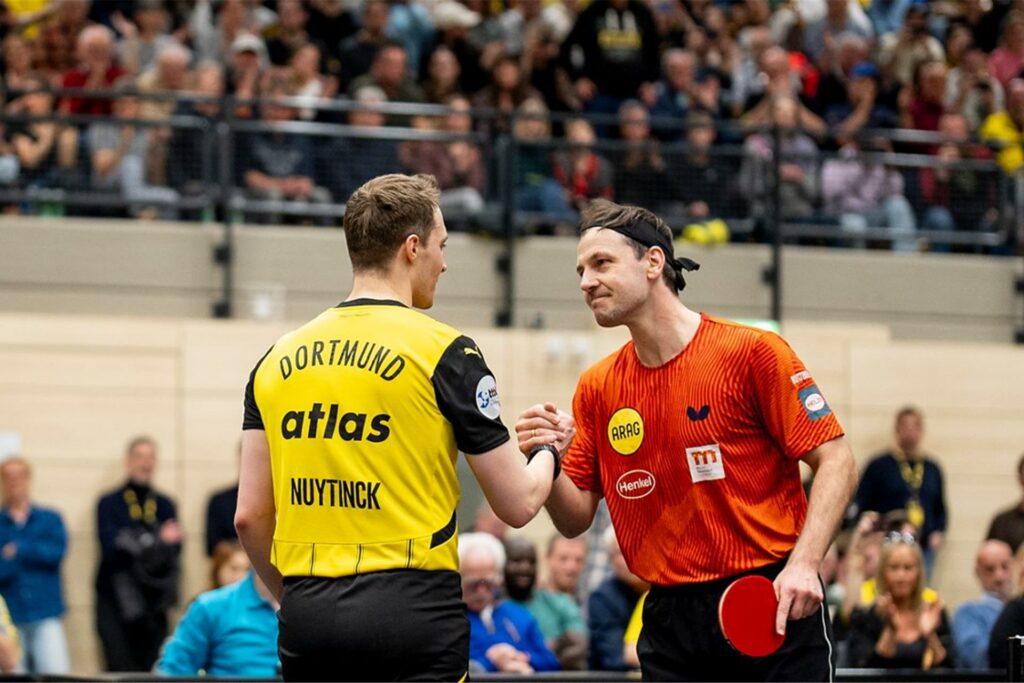 Timo Boll gewann sein letztes Einzel in einem Bundesliga-Punktspiel mit 3:1 gegen BVB-Profi Cedric Nuytinck.