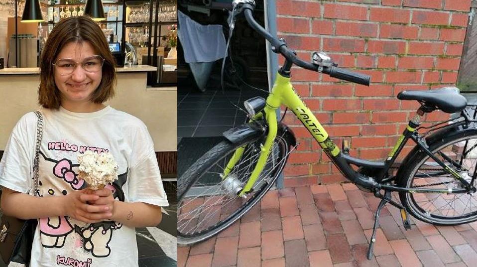 Die vermisste Alice auf einem Fahndungsfoto mit einer Eiswaffel in der Hand. Daneben ein Foto ihres grün-schwarzen Fahrrads.