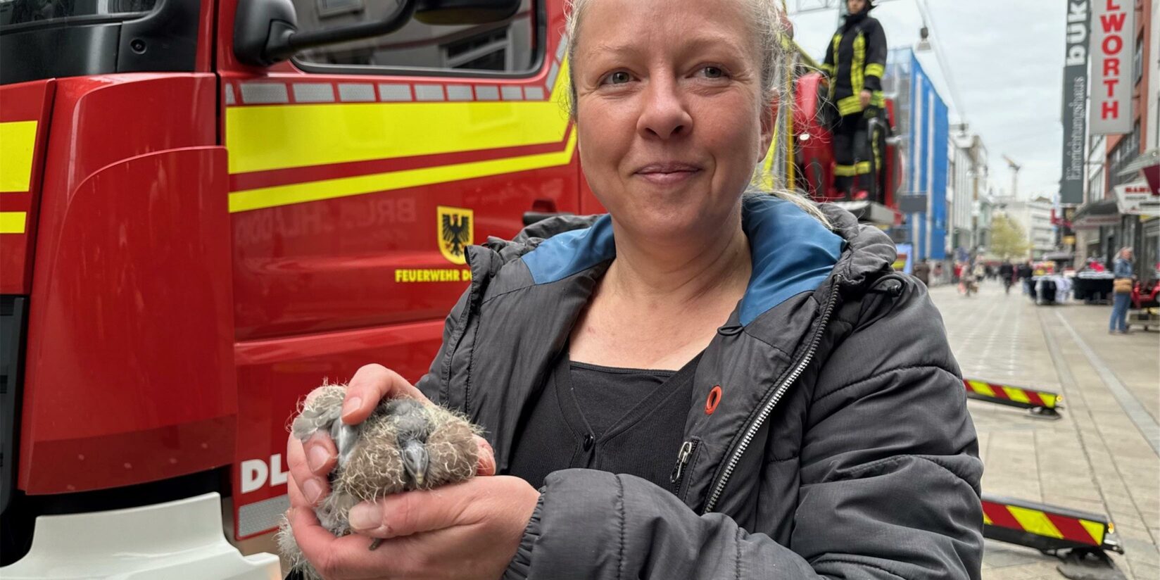 Feuerwehr rettet Taubenküken mit Drehleiter