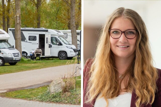 Das Bild zeigt eine Collage mit zwei unterschiedlichen Motiven. Auf der linken Seite sind mehrere Wohnmobile auf einem Campingplatz zu sehen, während die rechte Seite das Porträt von Pressereferentin Janine Lollert zeigt.