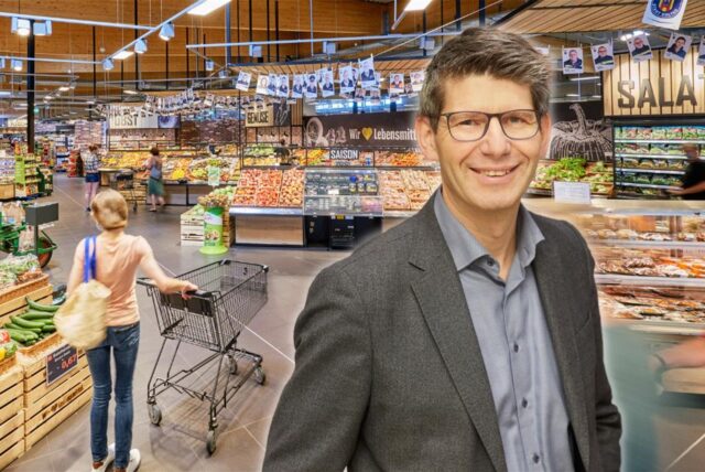 Montage von Karsten Nüsken, einer der zukünftigen Edeka-Betreiber in Unna, und einem Edeka-Markt.