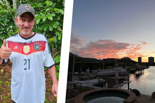 Bildmontage: Links: Porträt von Chris Hadac in einem Deutschland-Fußball-Trikot. Rechts: Marco Island bei Sonnenuntergang.