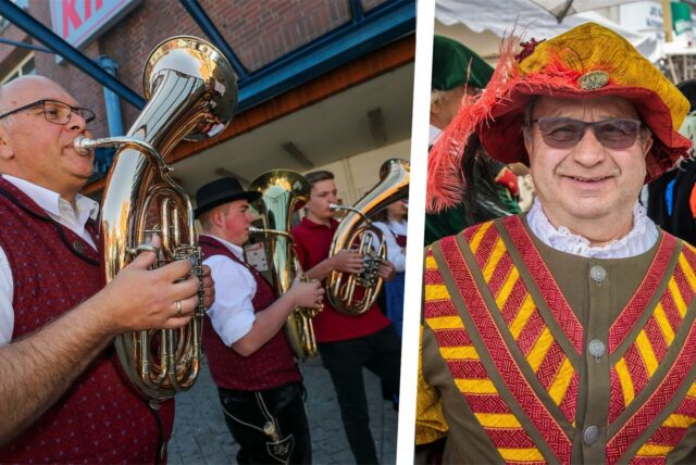 Collage: links Musiker der Neuburger Stadtkapelle beim Dorffest Lütgendortmund, rechts ein verkleideter Reinhard Sack.