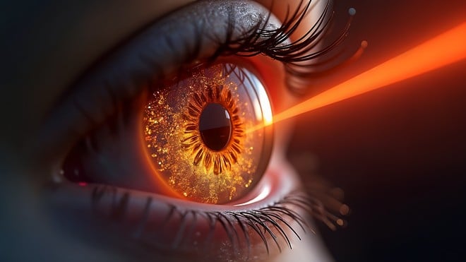 Laser, Biometrie, Gold, Auge, Lasertechnologie, Medizinische Innovation, Irisdiagnostik, Augenscanner, Hightech-Medizin, Iris-Erkennung, Ophthalmologie, Digitale Augenheilkunde, Retina-Scan, Futuristische Medizintechnik, Optische Diagnostik, Augensicherheit, Präzisionsoptik, Augenbehandlung