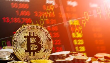 Ein Bitcoin-Symbol auf einem Münzstapel mit verschwommenen Börsencharts, die Krypto-Crash-Trends widerspiegeln und rote und gelbe Zahlen sowie Kerzenmuster aufweisen.