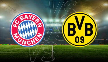 FC Bayern München und Borussia Dortmund Logos auf Stadionhintergrund