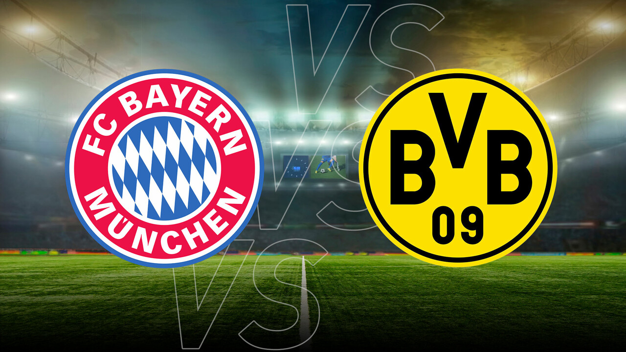 FC Bayern München und Borussia Dortmund Logos auf Stadionhintergrund