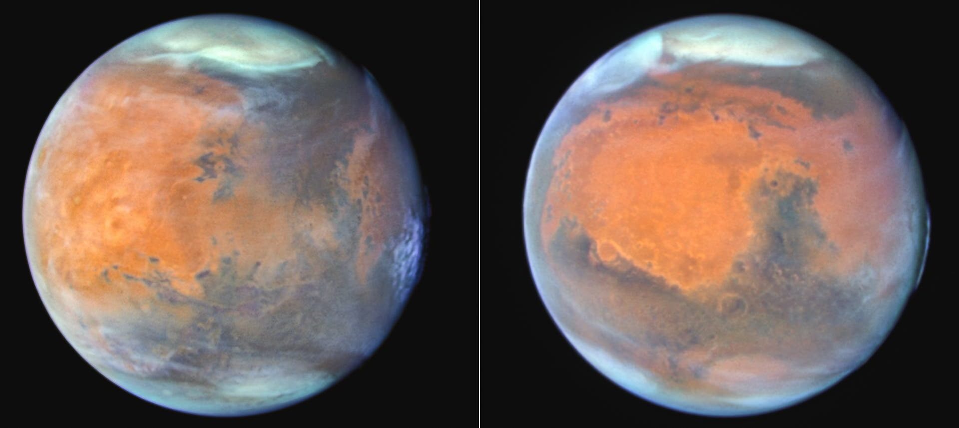 Zwei nebeneinander liegende Bilder des Planeten Mars, aufgenommen am 28. Dezember 2024 um 20:00 UT und am 29. Dezember 2024 um 13:18 UT. Beide Bilder zeigen die charakteristische rötliche Oberfläche des Mars mit dunklen und hellen Bereichen, die unterschiedliche geologische Merkmale darstellen. Oben ist eine weiße Polkappe sichtbar. Die Bilder verdeutlichen die Rotation des Planeten innerhalb eines Tages.