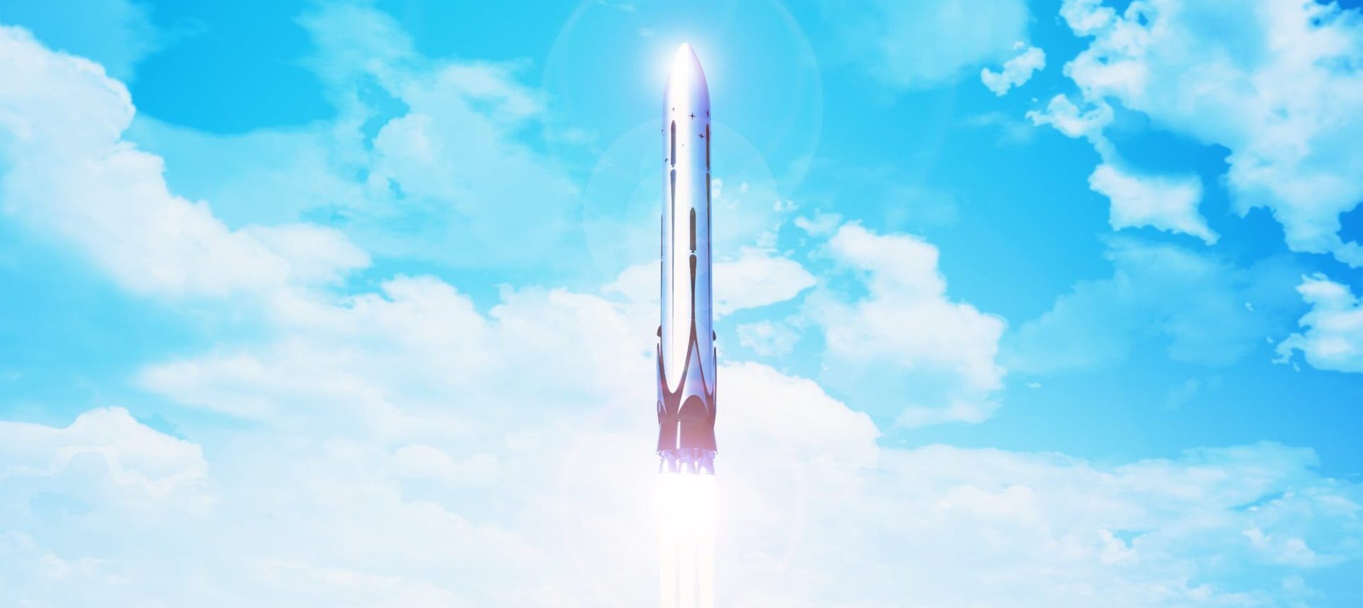 Eine Rakete startet in den blauen Himmel, umgeben von weißen Wolken. Die Rakete strahlt helles Licht aus ihrem Antrieb aus, während sie aufsteigt. Keine Menschen sind sichtbar. Das Bild vermittelt ein Gefühl von Fortschritt und Technologie.