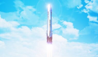 Eine Rakete startet in den blauen Himmel, umgeben von weißen Wolken. Die Rakete strahlt helles Licht aus ihrem Antrieb aus, während sie aufsteigt. Keine Menschen sind sichtbar. Das Bild vermittelt ein Gefühl von Fortschritt und Technologie.
